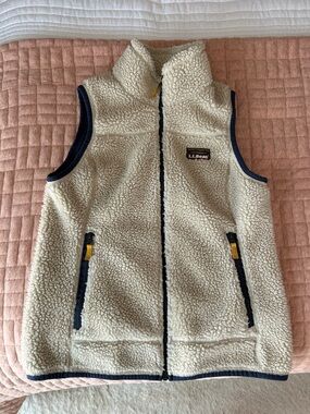 L.L. Bean Cream Sherpa Vest with Navy Trim